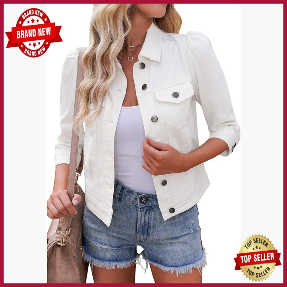 Cropped Denim Jacket with Puff Sleeves, Stretchy Fit, Distressed Details